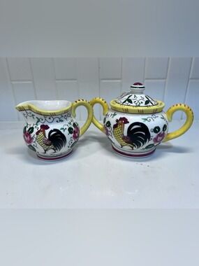 Vintage Early Provincial Ucagco Rooster And Rooster Cream And Sugar Set